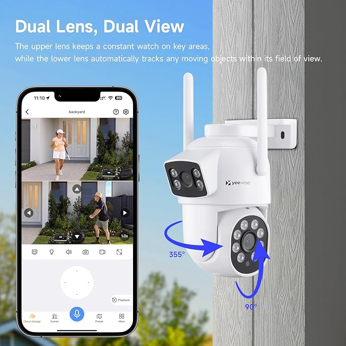 Yeewise Dual Lens WiFi Security Camera with AI Tracking, WiFi 6 Outdoor PTZ Camera, 360° View Home Security, 5/2.4Ghz Dual Band, Easy Bluetooth Setup, Plug-in Power