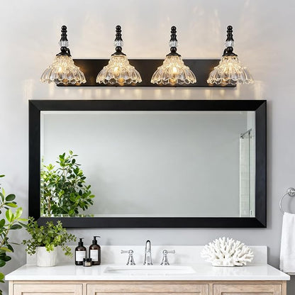 Vintage Bathroom Vanity Light, 4-Light Black Vanity Lighting Fixture with Flower Glass Shade, Bathroom Lighting Fixtures Over Mirror