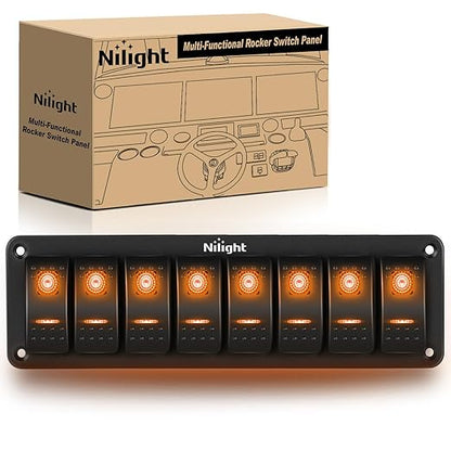 Nilight 8 Gang Rocker Switch Panel with Orange LED Light 5 Pin On Off Pre-Wired Aluminum Toggle Switches Waterproof for 12V/24V Cars Marine Boats ATVs Trailers RV Trucks
