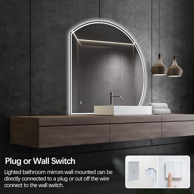 Niccy Half Moon Led Mirror for Bathroom, 32" Semi Round Backlit Mirror for Wall Lighted Mirror with Frameless 3 Color, Defogger, Explosion-Proof, HD Glass and IP65 Vanity Mirror