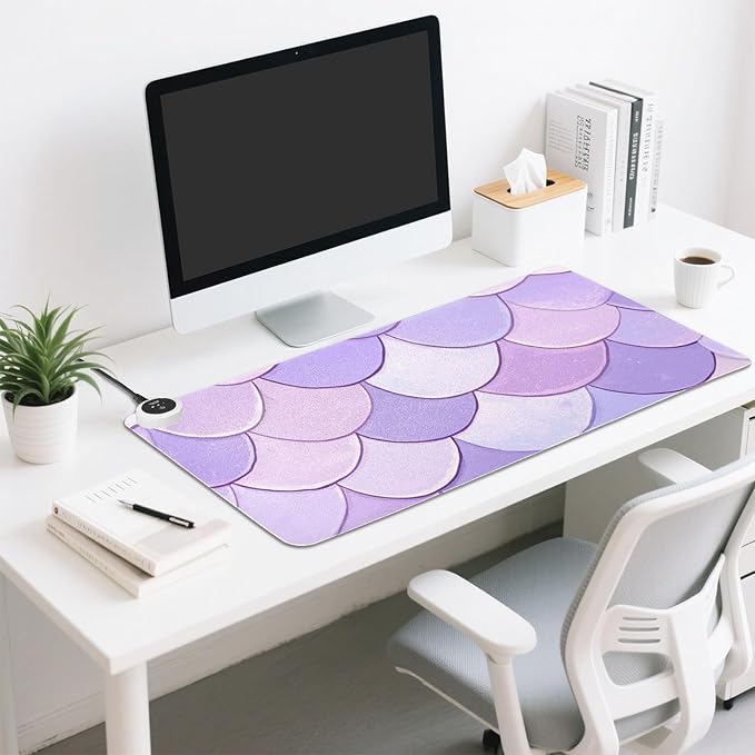 Heated Desk Pad Mouse Pad 31.5x13 Inch PU Leather Desk Mat with 3 Heat Levels Large Mouse Gaming Computer Laptop Mat Light Purple Fish Scales