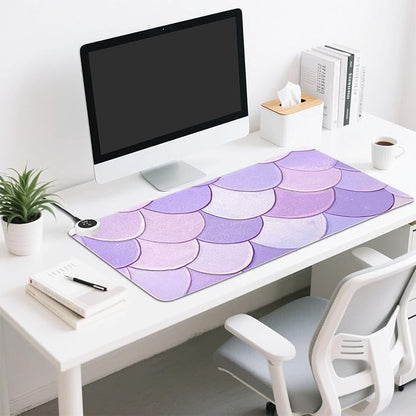 Heated Desk Pad Mouse Pad 31.5x13 Inch PU Leather Desk Mat with 3 Heat Levels Large Mouse Gaming Computer Laptop Mat Light Purple Fish Scales
