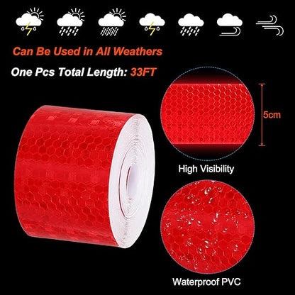 PATIKIL 2 Inch x 33 ft Reflective Tape, 1 Roll Waterproof Self Adhesive High Visibility Caution Warning Safety Tape Reflector with Scraper for Trucks Trailers Cars, Red