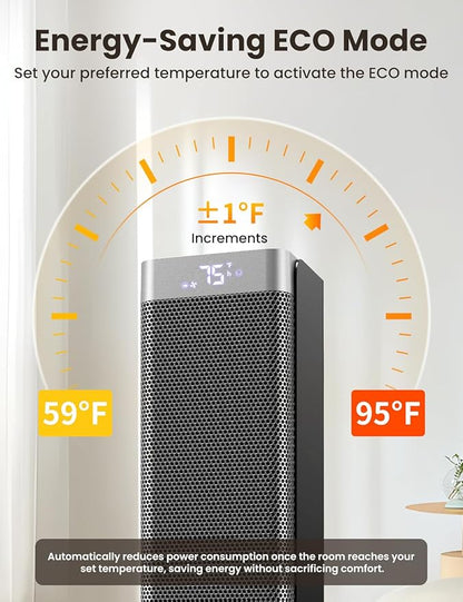 Space Heaters for Indoor Use, 1500W PTC Ceramic Electric Heater with Thermostat, Room Temperature Display, 70° Oscillation, Remote Control, 12H Timer, Quiet Portable Heater for Office Bedroom