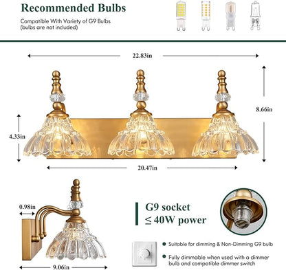 Vintage Bathroom Vanity Light, 3-Light Brass Vanity Lighting Fixture with Flower Glass Shade, Bathroom Lighting Fixtures Over Mirror