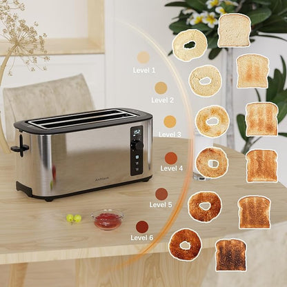 Toaster 4 Slice with Countdown Timer, Extra Wide Slots for Bagels and Waffles, 6 Browning Settings, Removable Crumb Tray, Stainless Steel