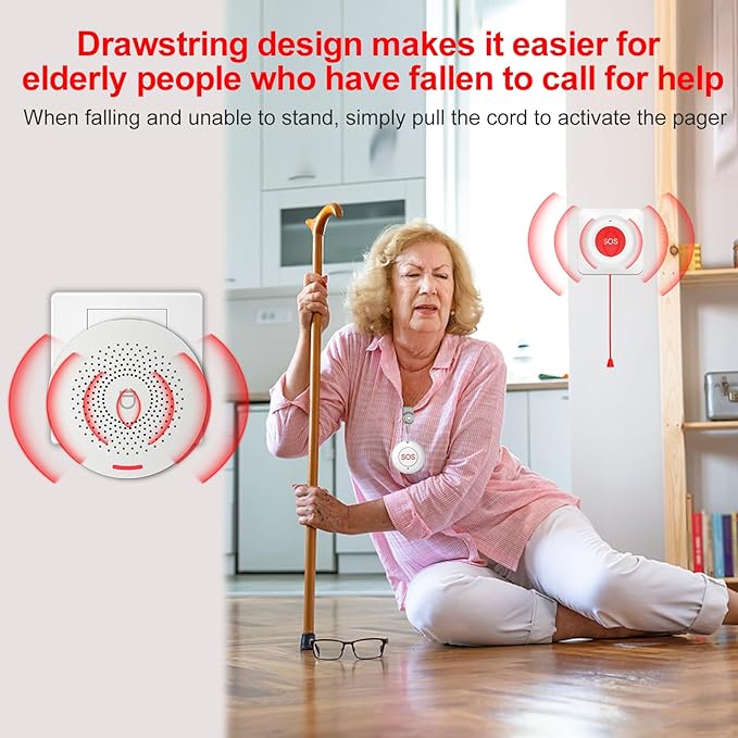XUK WiFi SOS Caregiver Pager Call Button for Elderly, No Monthly Fee 2.4GHz Wi-Fi APP Control Wireless Nursing Call System with 1 SOS Call Panic Buttons & 1 Watch Pagers & 1 Square Pull Cord Pagers