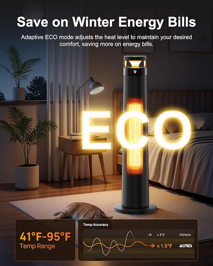 AKIRES 34IN Space Heater Large Room,1500w Space Heater For Indoor Use,120°Oscillating Tower Heater With Thermostat,Remote Control,Overheat & Tip-Over Protection,24H Timer For Large Rooms Black