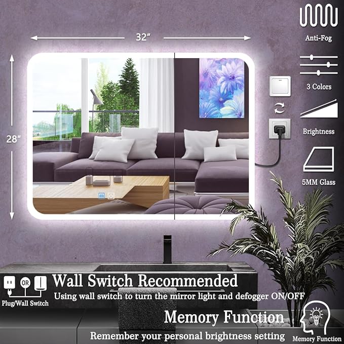 28 x 32 Inch White Medicine Cabinet LED Mirror with Lights 3 Color Dimmable Anti-Fog 2 Door 32 Inch Bathroom Lighted Medicine Cabinet with Mirror and Lights Storage for Bathroom Wall
