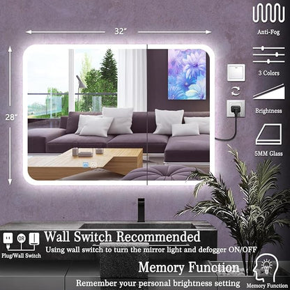 28 x 32 Inch White Medicine Cabinet LED Mirror with Lights 3 Color Dimmable Anti-Fog 2 Door 32 Inch Bathroom Lighted Medicine Cabinet with Mirror and Lights Storage for Bathroom Wall
