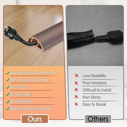 Floor Cord Cover for Wires on Floor Self Adhesive Cord Hider Floor Cable Management Wire Covers for Cords Protector Prevent Cable Trips Cord Cavity W 0.32" x H 0.32", Grayish Brown Wood, 20Ft