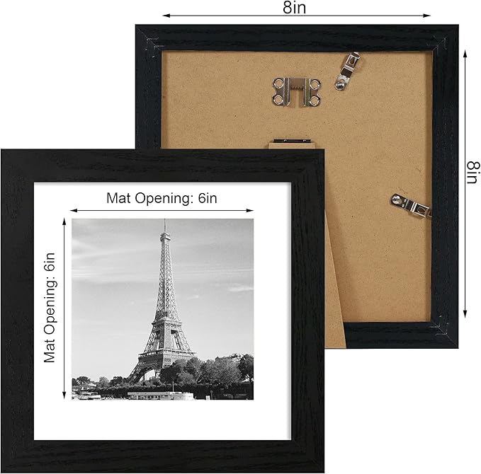 iRahmen 8x8 Picture Frames Set of 4 with High Definition Real Glass, Black Frames Display 6x6 Picture with Mat or 8x8 Without Mat, Wood Square 8 x 8 Photo Frame for Wall Mount and Tabletop Display