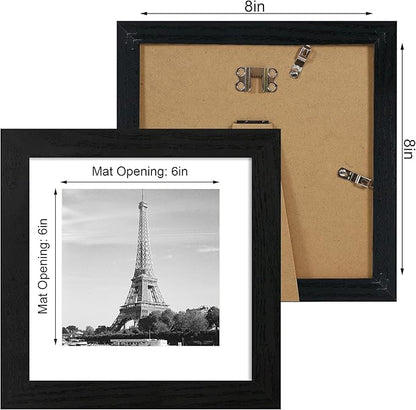 iRahmen 8x8 Picture Frames Set of 4 with High Definition Real Glass, Black Frames Display 6x6 Picture with Mat or 8x8 Without Mat, Wood Square 8 x 8 Photo Frame for Wall Mount and Tabletop Display