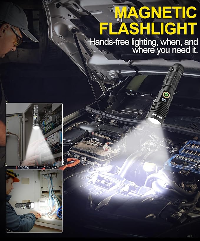 Rechargeable Flashlight High Lumens- Super Bright Magnetic Flash Light with Power Digital Display, Long Range,Dimmable,Waterproof,Pocket Tactical LED Flashlights for Emergency Camping 2PC