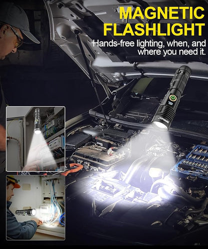 Rechargeable Flashlight High Lumens- Super Bright Magnetic Flash Light with Power Digital Display, Long Range,Dimmable,Waterproof,Pocket Tactical LED Flashlights for Emergency Camping 2PC