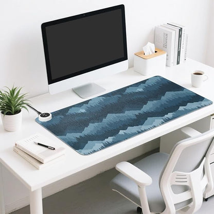 Heated Desk Pad Mouse Pad 31.5x13 Inch PU Leather Desk Mat with 3 Heat Levels Large Mouse Gaming Computer Laptop Mat Blue Mountains and Pine Trees