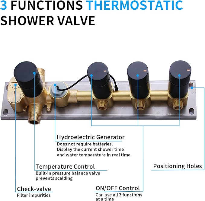 Brass Temperature Shower Diverter Valve Matte Black 3 Way Outlets Concealed Digital Display Shower Mixer Valve Kit Bathroom Shower Diverter On Off Flow Control Replacement Valve