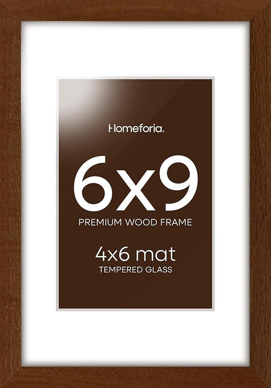 Homeforia 6x9 Picture Frame Brown Wood, High End Dark Oak 6x9 Walnut Wooden Frames with Mat 4x6 Photo, 6 x 9 Frame Matted to 4 x 6 Print, 9x6 Wall or Tabletop Frame, Tempered Glass, Wall Kit, Set of 1