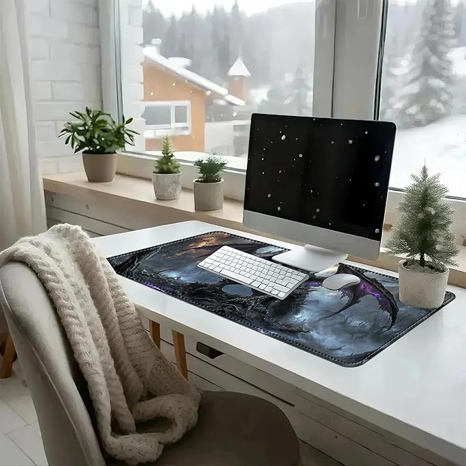 Heated Mouse Pad with 3 Temperature Settings(104°F–122°F),Large 31.5x13 Inch PU Leather Heated Desk Mat,Waterproof Warming Pad for Office,Gaming & Cold Hands Relief,Dark Dragon Fantasy