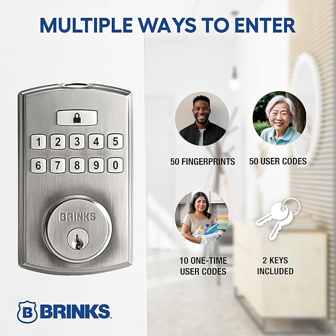 BRINKS Security Door Locks, High-Security Keyless Entry, Smart Electronic Door Lock with Deadbolt, Up to 50 Codes, Automatic Locking (Deadbolt & Passage Lever, Satin Nickel)