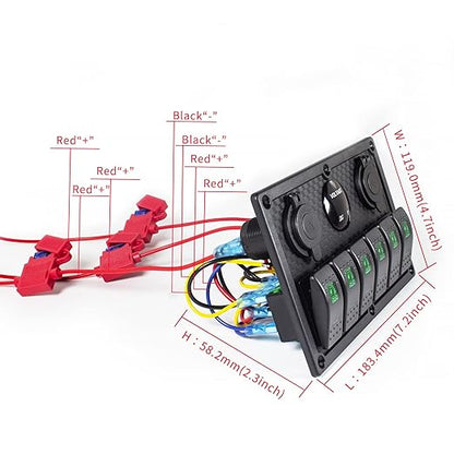 6 Gang Rocker Switch Panel, LED Digital Voltmeter with 3.1A Dual USB Charger, 12/24V Wired Toggle Switch Panel for Automotive Cars Marine Boats RVs Green