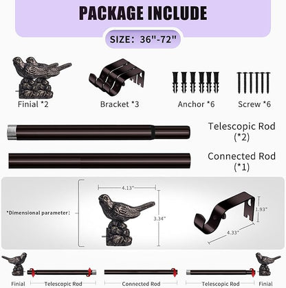 Curtain Rod 36 to 72 Inches Vintage Oil Bronze Curtain Rods for Windows Adjustable Heavy Duty Drapery Rod with Bird Finials for Living Room Bedroom