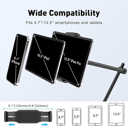AboveTEK Tablet Stand Holder for Desk & Bed, Aluminum iPad Holder Arm with 360° Rotating Clamp, Adjustable Phone Stand Compatible with 4.7"-13.5" iPad Pro/Air/Mini, iPhone, Galaxy Tab- Black