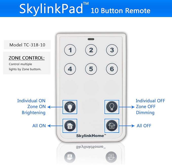 SkylinkHome TC-318-10 Ten Button Deluxe Wireless Lighting Remote Control | Simple Small Easy To Use Handheld Home Automation Transmitter