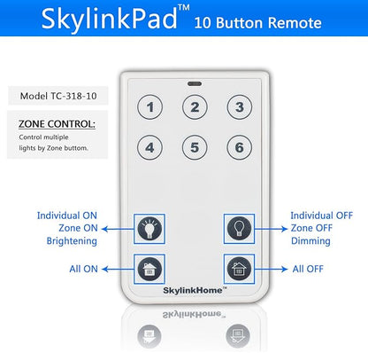 SkylinkHome TC-318-10 Ten Button Deluxe Wireless Lighting Remote Control | Simple Small Easy To Use Handheld Home Automation Transmitter