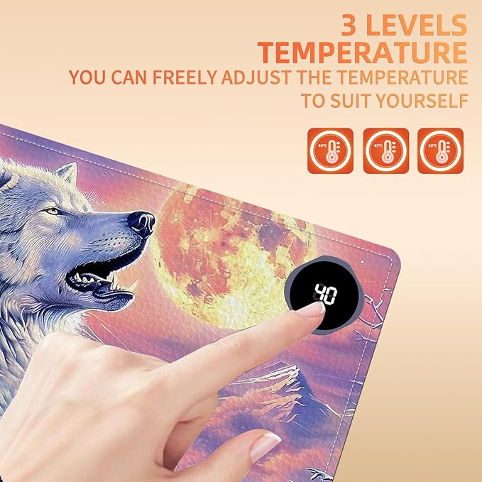 Heated Mouse Pad, Warm Desk Pad, Keyboard Mat 23.6 x 14 Inch Large Size Intelligent Fast Heating, 3 Speed Adjustable, Timed Auto Power Off for Game Office Home, Wolf Howling Under The Moon