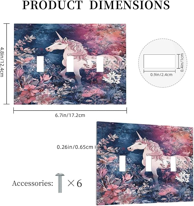 Decorative Light Switch Cover Plate Fantastic Pink Unicorn Wildflower Forest 3 Gang Wall Plate Triple Toggle Switch Plate Covers Electrical Outlet Cover for Bedroom Kids room Decor