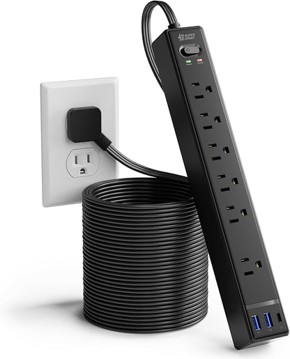 20Ft Long Extension Cord, SUPERDANNY Flat Plug Surge Protector Power Strip 20 Feet, 6 Outlets & 3 USB Ports, Wall Mountable Power Bar for Home Office, Dorm Room