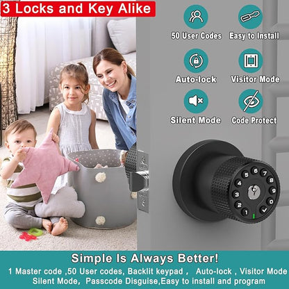 3 Pack Black Key Alike Keyless Electronic Door Knobs with Backlit Keypad, Heavy-Duty Lock, Auto-Lock, Weather Resistant