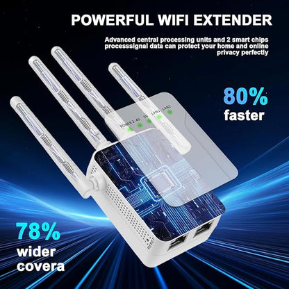 WiFi Extender Signal Booster,WiFi Extender, 5G WiFi Booster (Up to 10000sq. ft for 55+ Devices), WiFi Repeater with 4 Antennas 360° Coverage, WPS 1-Tap Setup with Dual Band 1200Mbps (White)