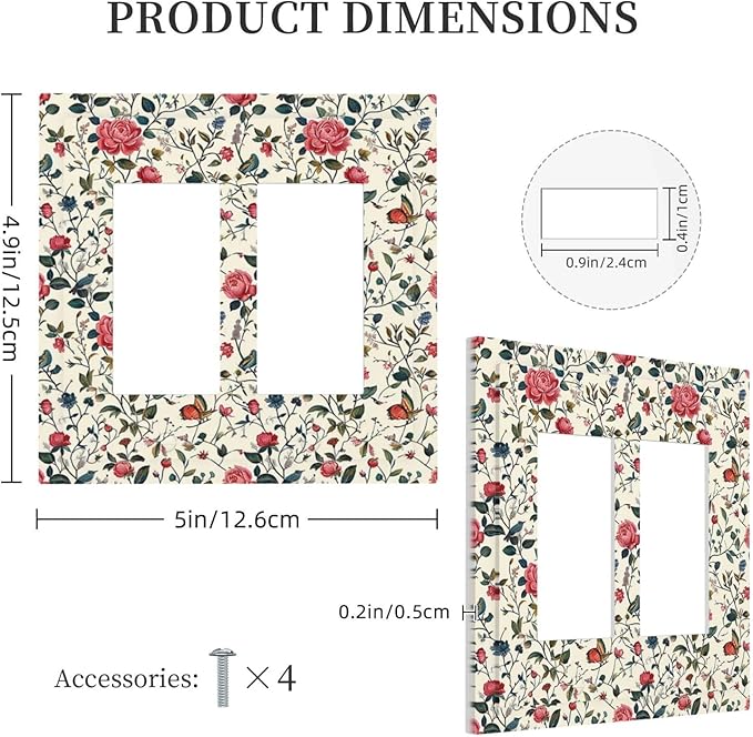 Decorative Outlet Covers Vintage Flowers Rose Leaf Bird Butterfly 2 Gang Double GFCI Rocker Electrical Wall Panels Light Switch Cover Plate for Bedroom living Room Decor