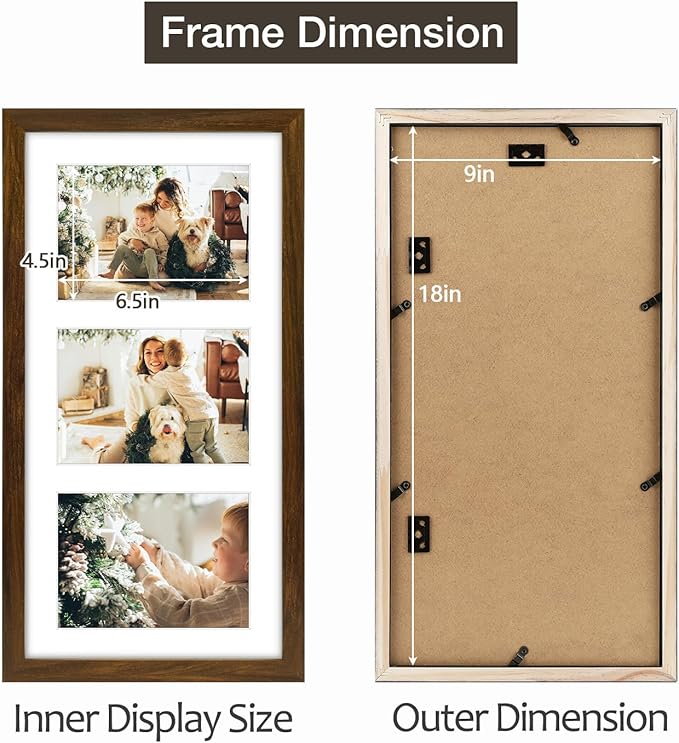 Golden State Art Three 5x7 Collage Picture Frame - Solid Wood with Tempered Glass - Multi Picture Frame Display Three 5x7 Photos with Mat - or One 9x18 Frame Without Mat for Wall Decor, Brown