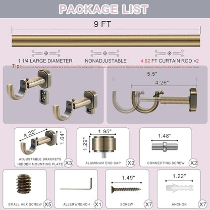 Heavy Duty Curtain Rods,1 1/4" Large Diameter Premium Nonadjustable Curtain Rod,108in/9ft Custom Window Treatment Rods with Durable Aluminum Brackets and End Caps,Antique Bronze Finish