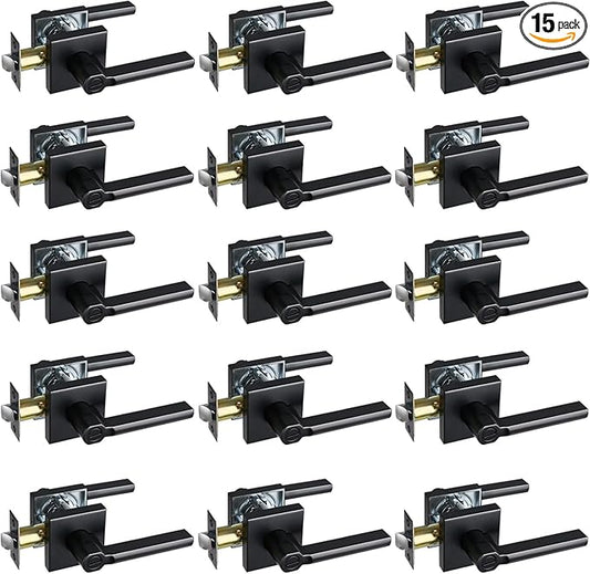 Privacy Door Lever, Heavy Duty Bathroom Bedroom Handle Lock, Keyless Interior Knobs, Matte Black, Reversible for Right&Left Handed, 15Packs