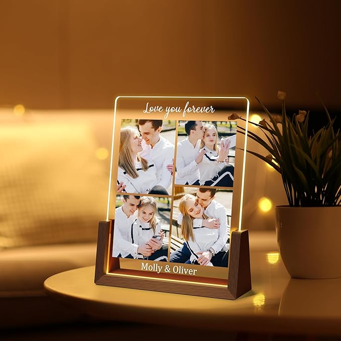 Customized Couple Christmas Gifts For Boyfriend Girlfriend Him Her, Custom Light Up Picture Frame Acrylic Plaque With Photo Name, Personalized Anniversary Birthday Gifts For Husband Wife