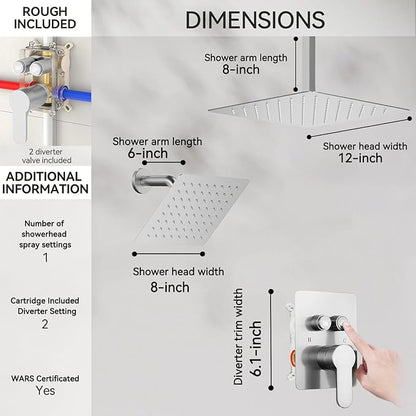 Shower Faucets Sets Shower System Brushed Nickel, STARBATH 12" Ceiling Mount Rain Showerhead and 8" Wall Mounted Rainfall Shower for Couples, On Off Button Valve Dual Head Shower Systems Complete
