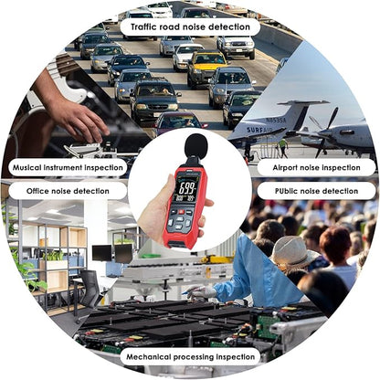 Decibel Meter with Data Logging Sound Decibel Meter Data Logger, 30~130dB Sound Level Meter with Audible Visual Alarm, Sound Meter with Export Data, PC Connection, Temperature, Analog Bar Indicator