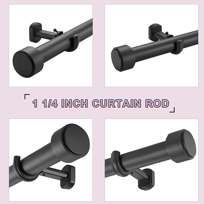Heavy Duty Curtain Rods,1 1/4" Large Diameter Premium Nonadjustable Curtain Rod,72in/6ft Custom Window Treatment Rods with Durable Aluminum Brackets and End Caps,Black Finish