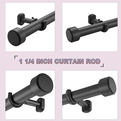 Heavy Duty Curtain Rods,1 1/4" Large Diameter Premium Nonadjustable Curtain Rod,60in/5ft Custom Window Treatment Rods with Durable Aluminum Brackets and End Caps,Black Finish