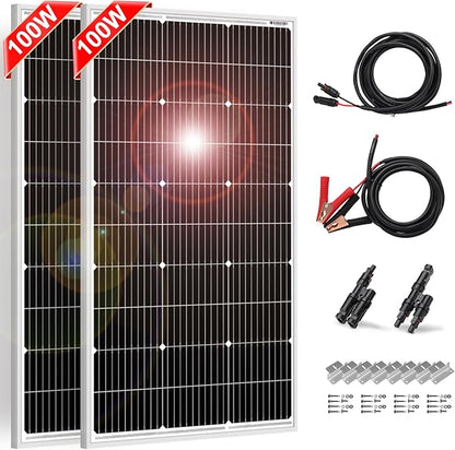 DOKIO 200W Solar Panel Kit (2×100W) Monocrystalline with Aluminum Frame and MC4, Mounting Brackets, Clips & 5m Cable for RV, Boat, Roof, Off-Grid (Controller Required)