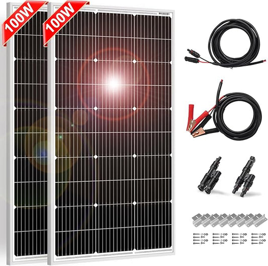 DOKIO 200W Solar Panel Kit (2×100W) Monocrystalline with Aluminum Frame and MC4, Mounting Brackets, Clips & 5m Cable for RV, Boat, Roof, Off-Grid (Controller Required)