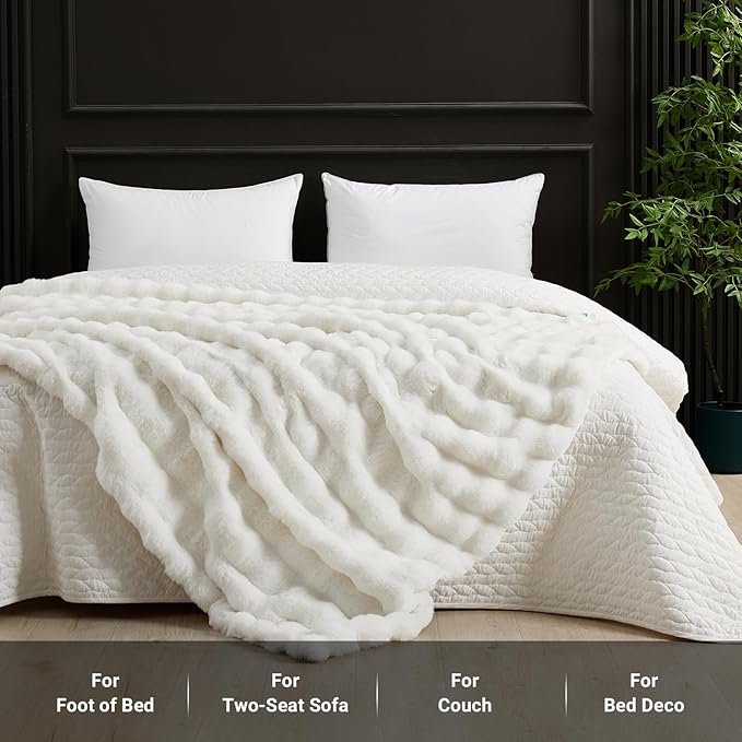 SAPHREAS Faux Fur Throw Blanket for Couch, Fluffy Fuzzy Bubble Blanket for Sofa Bed Living Room, Decor Soft Cozy Gifts for Women Men, 50x60” Cream White
