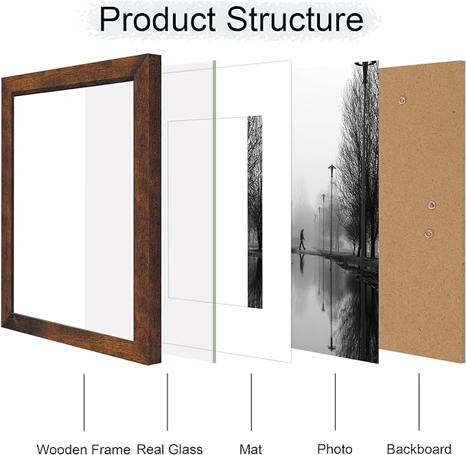 iRahmen 11x14 Picture Frame Set of 4 with Tempered Glass, Rustic Frame Display 8x10 Pictures with Mat or 11 x 14 Without Mat, Wooden Photo Frames for Wall Mounting