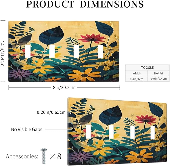 Light Switch Cover Plate Abstract Minimalist Floral Botanical Boho Flower Quad Toggle Wall Plates Decorative Switch Plates 4 Gang Outlet Covers Electrical Panel Cover Faceplate for Home 4.5 X 8 IN