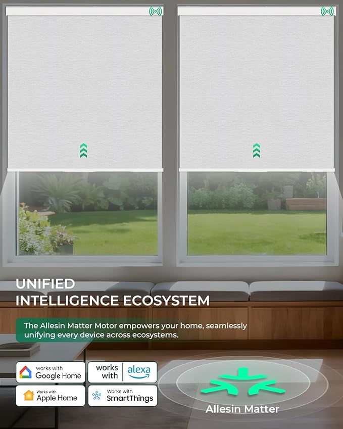 Allesin Motorized Roller Blinds – Rechargeable Smart Shades with Remote & Quiet Motor, Top/Bottom Aluminum Rails, Alexa-Compatible for Window (Custom Size, 100% Blackout Fog-Slub)