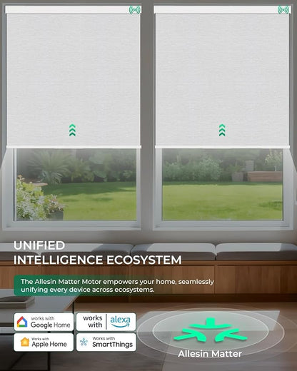 Allesin Motorized Roller Blinds – Rechargeable Smart Shades with Remote & Quiet Motor, Top/Bottom Aluminum Rails, Alexa-Compatible for Window (Custom Size, 100% Blackout Fog-Slub)